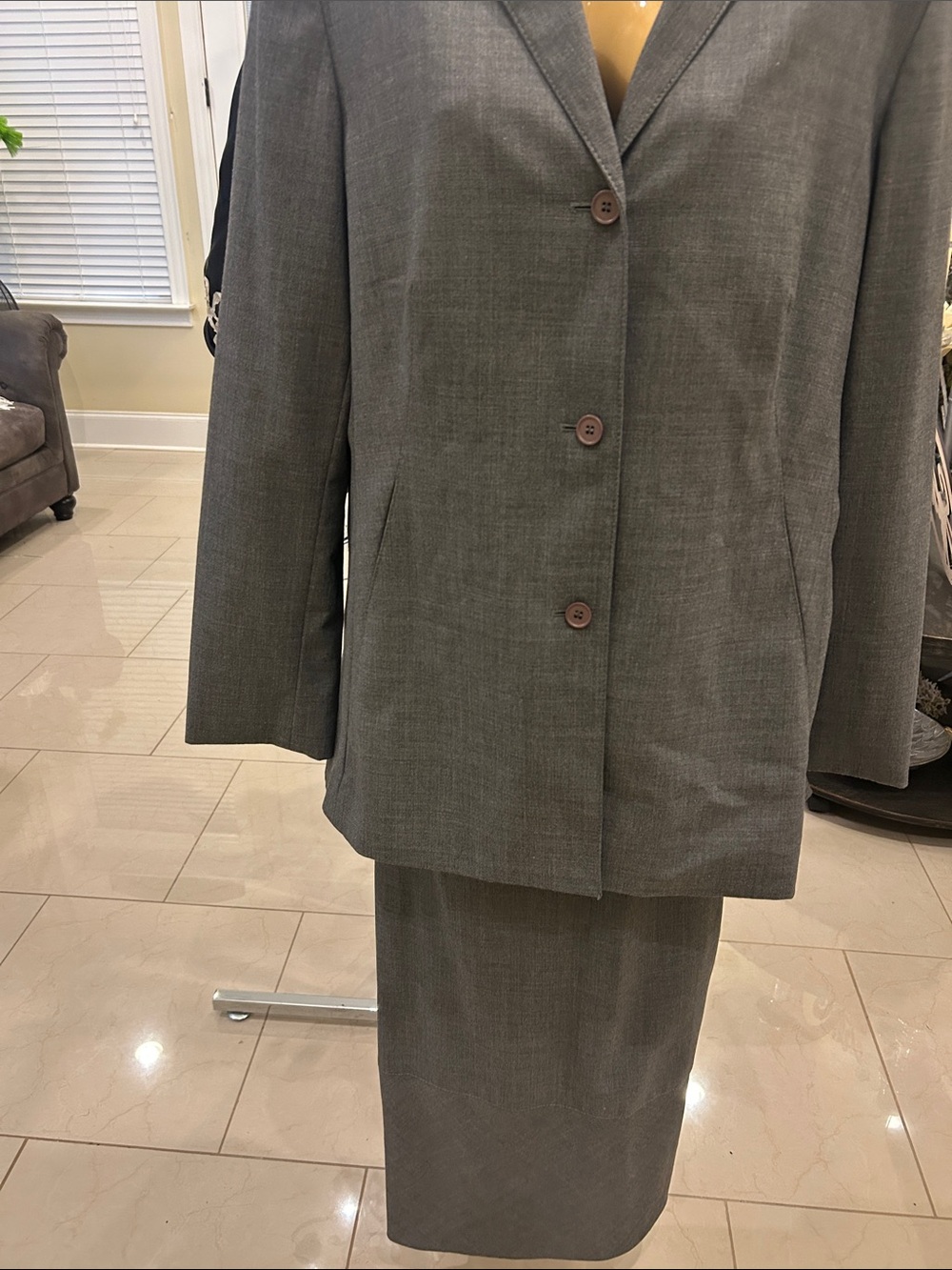Classic Women's Gray Blazer Coat - Tailored Three-Button Jacket and skirt